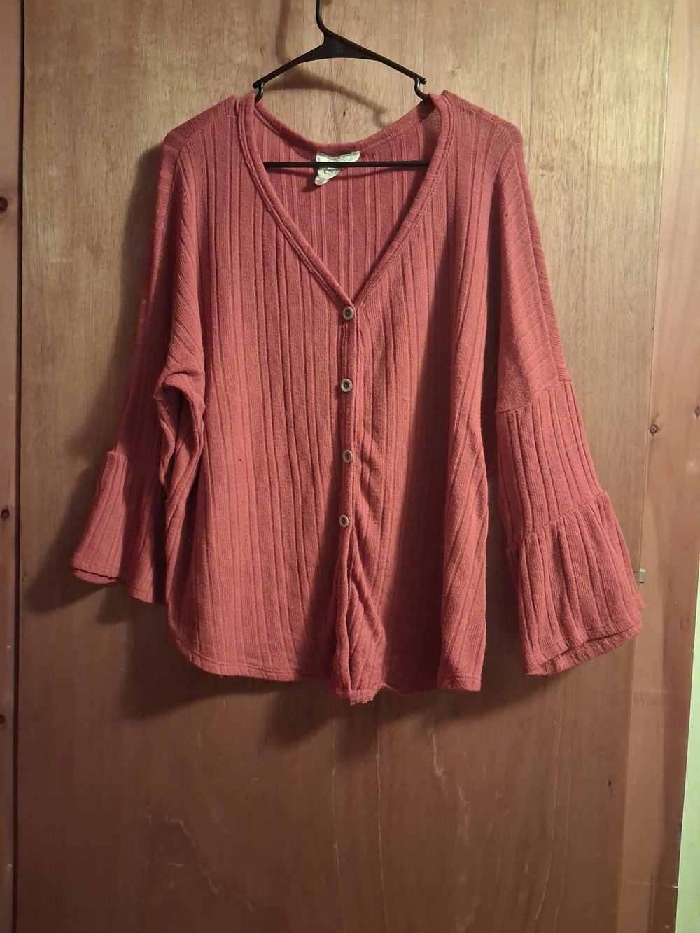 Maurices Ribbed V-Neck Button-Front Bell Sleeve Cardigan - Rust Red